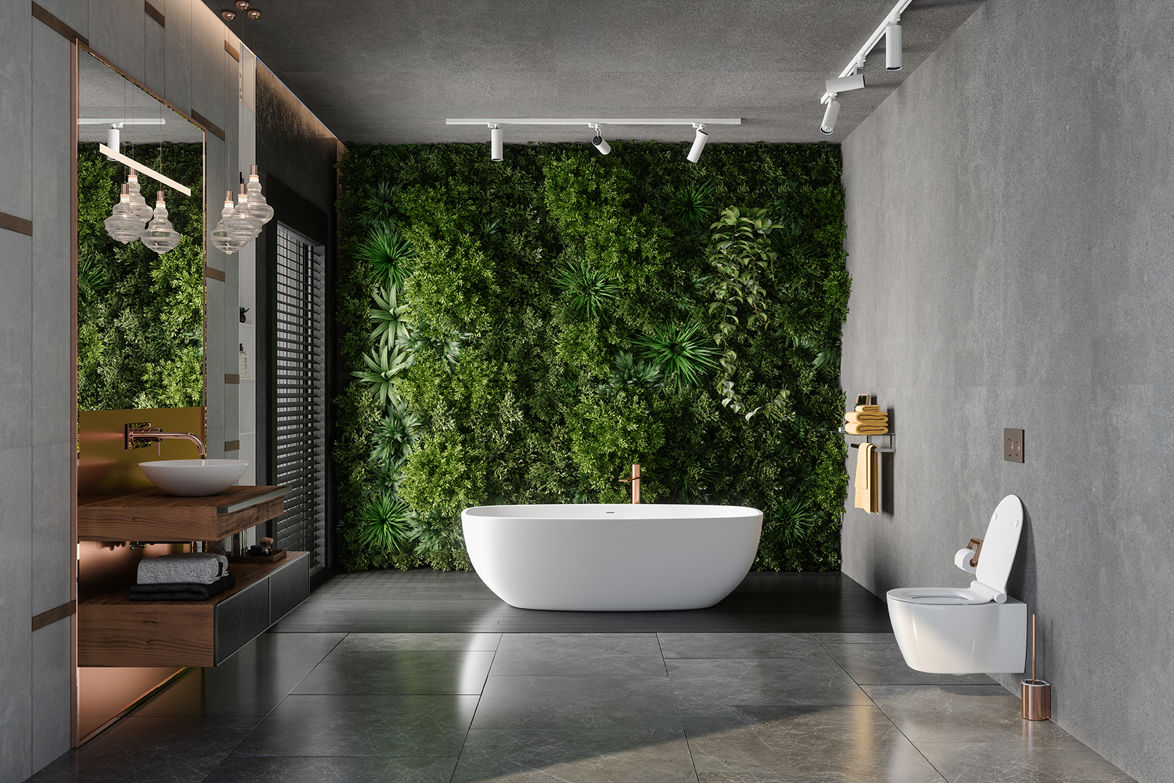 Badezimmer hinter Badewanne, Wand mit Pflanzen, Raumklima.