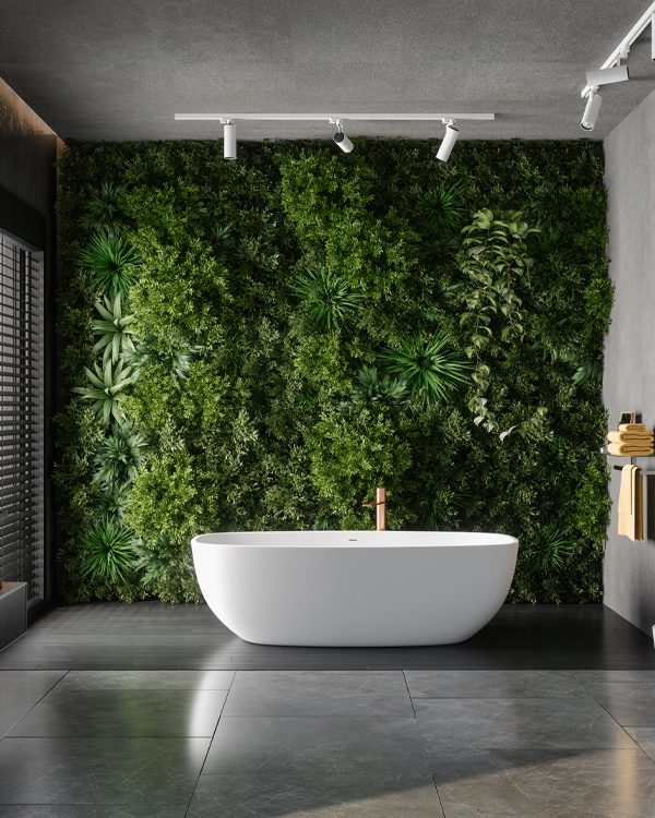 Badezimmer hinter Badewanne, Wand mit Pflanzen, Raumklima.